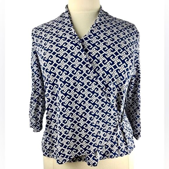 Talbots Wrap Style Geometric Print Top in Navy/White Women’s XL - Picture 1 of 8
